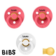 BIBS Colour Schnuller mit Namen, Gr. 2, 2 Coral, 1 White, Rund Latex, (3er Pack)